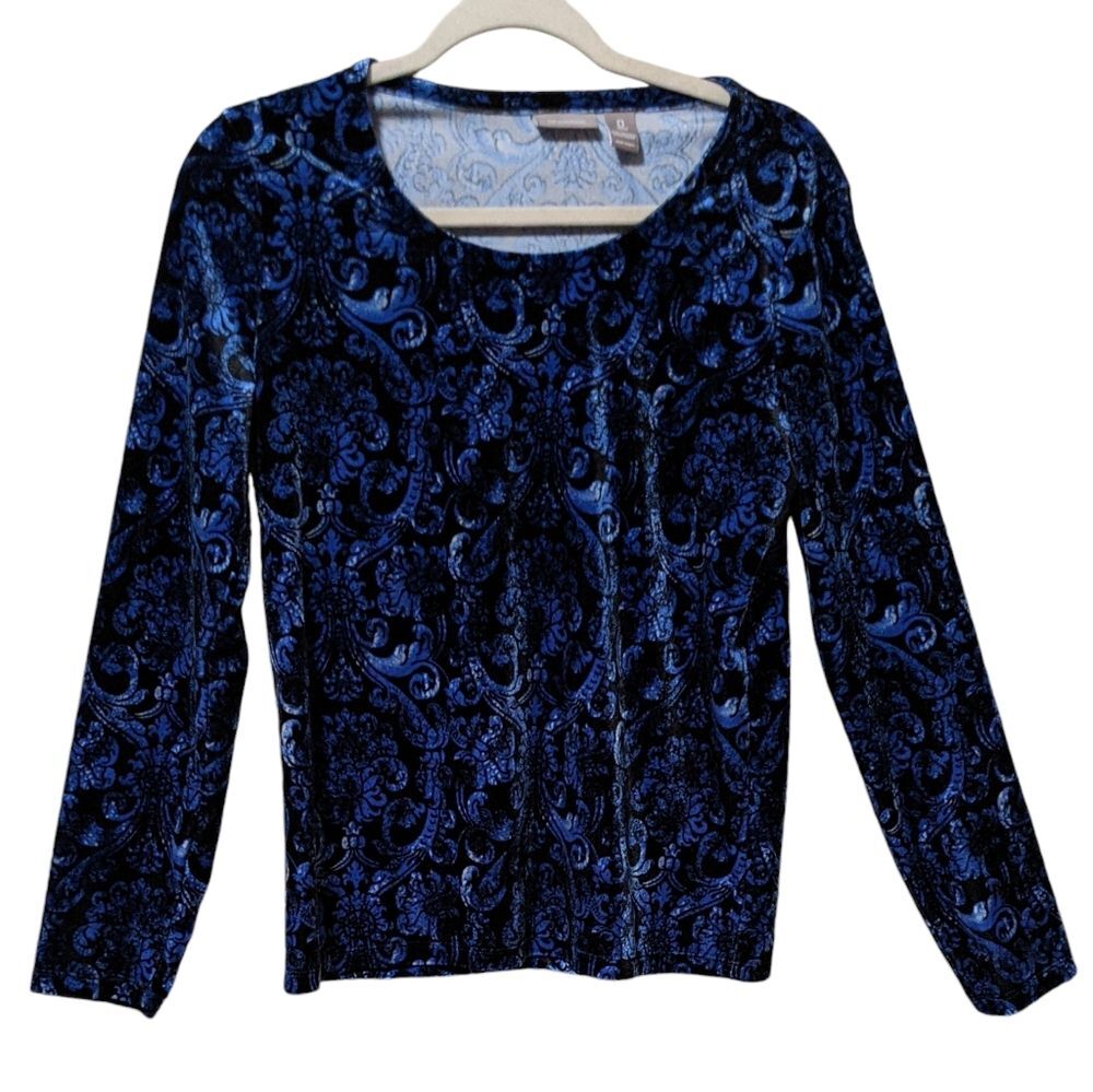 Chico's blue velvet paisley long sleeve tunic top women's size 0/ Small